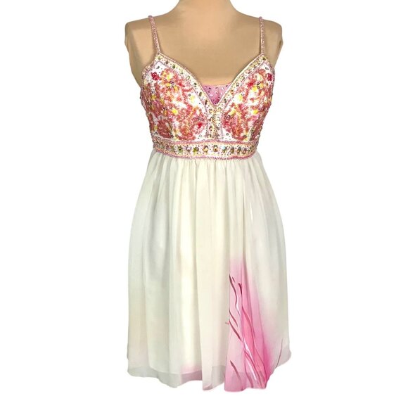 Beaded Custom Pageant Cocktail White Pink Chiffon Dress Beaded Bodice Size S - Picture 2 of 10